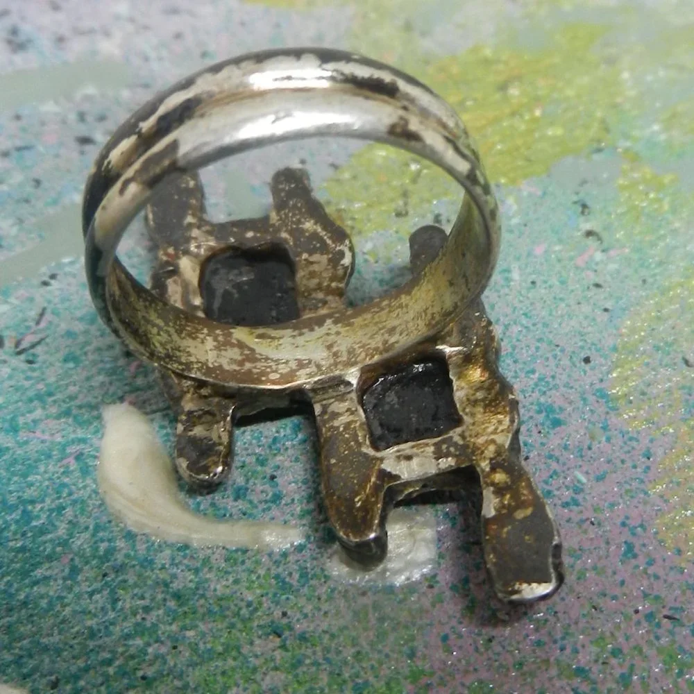 VTG artisan pewter black ring silvery statement ebony shiny bohemian size 12